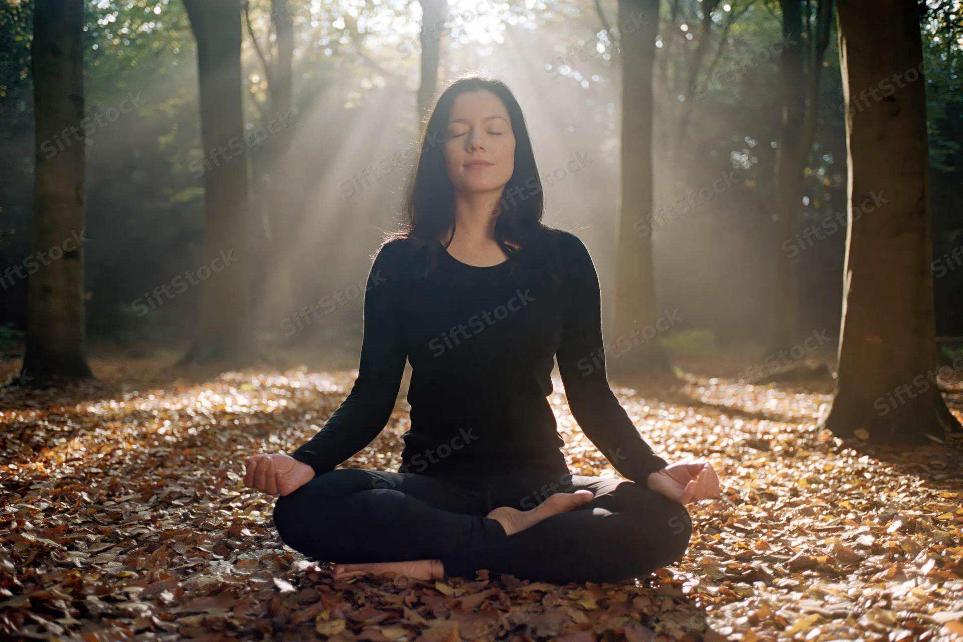 Woman meditating in lotus pose on forest floor covered in autumn leaves with sunlight filtering through trees