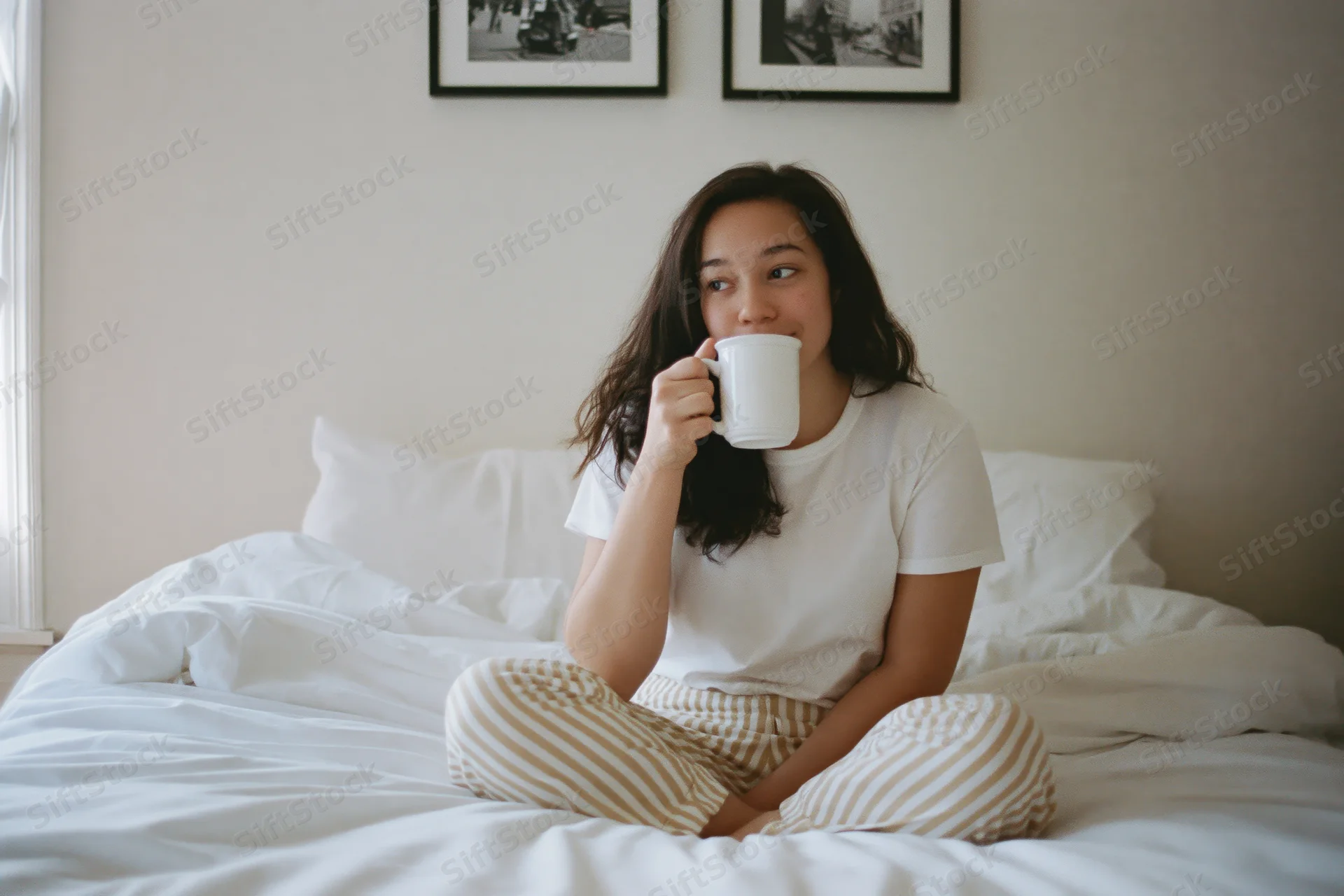 Woman sitting cross-legged on bed sipping from white mug in bedroom