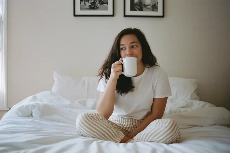 Woman sitting cross-legged on bed sipping from white mug in bedroom
