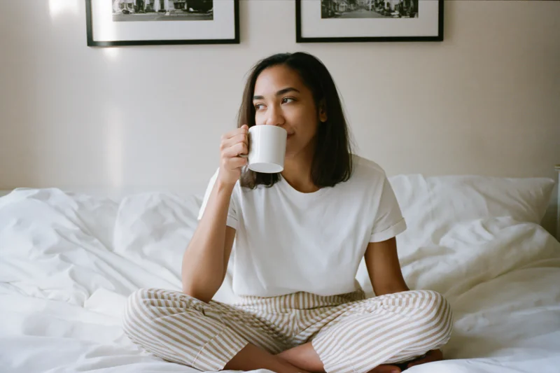 Woman sitting cross-legged on bed sipping from white mug in bedroom