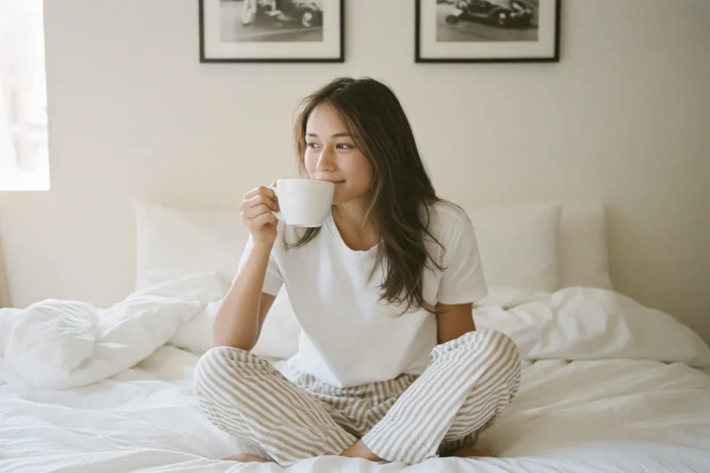 Woman sitting cross-legged on bed sipping coffee in bedroom