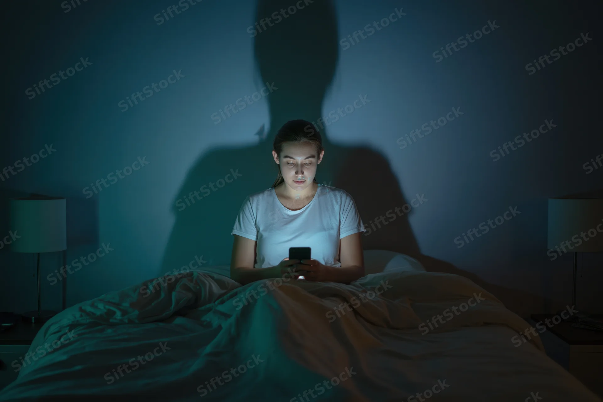 Young woman sitting up in bed at night using smartphone in dimly lit bedroom