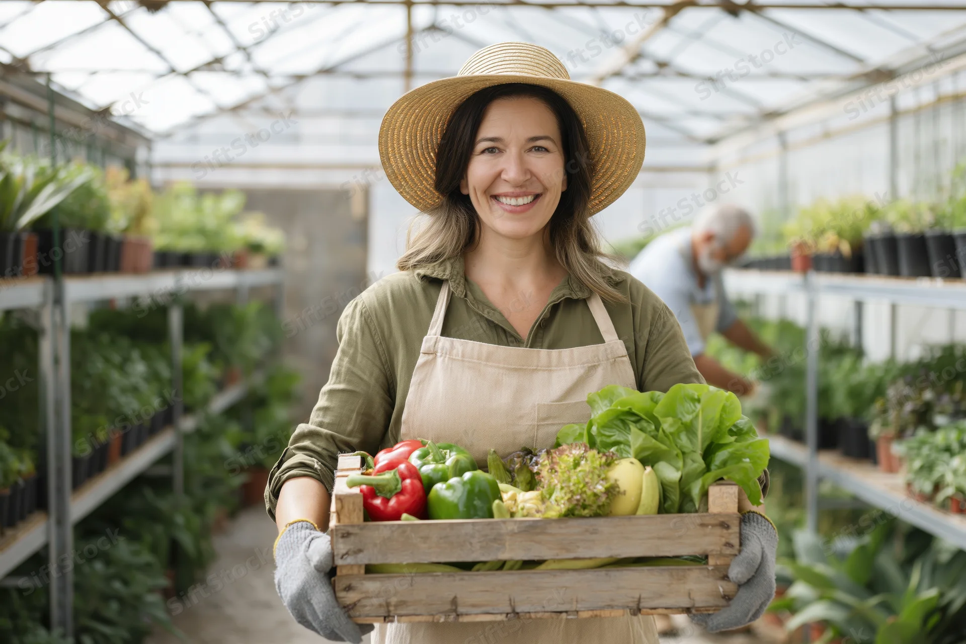 Woman holding wooden crate of fresh vegetables in greenhouse