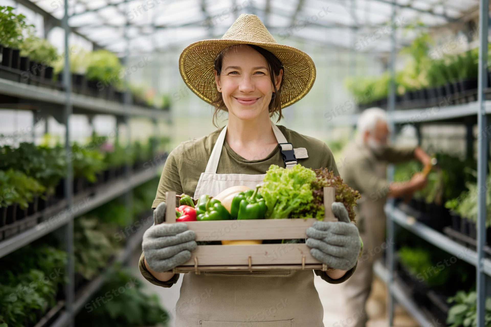 Woman smiling while holding wooden crate of vegetables in greenhouse