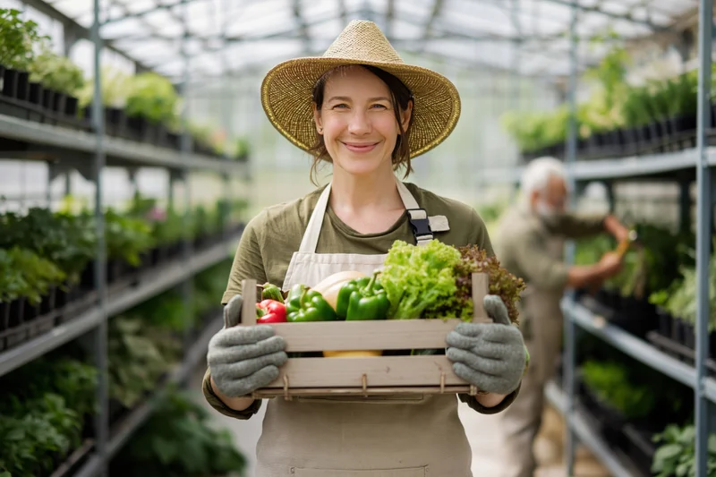 Woman smiling while holding wooden crate of vegetables in greenhouse