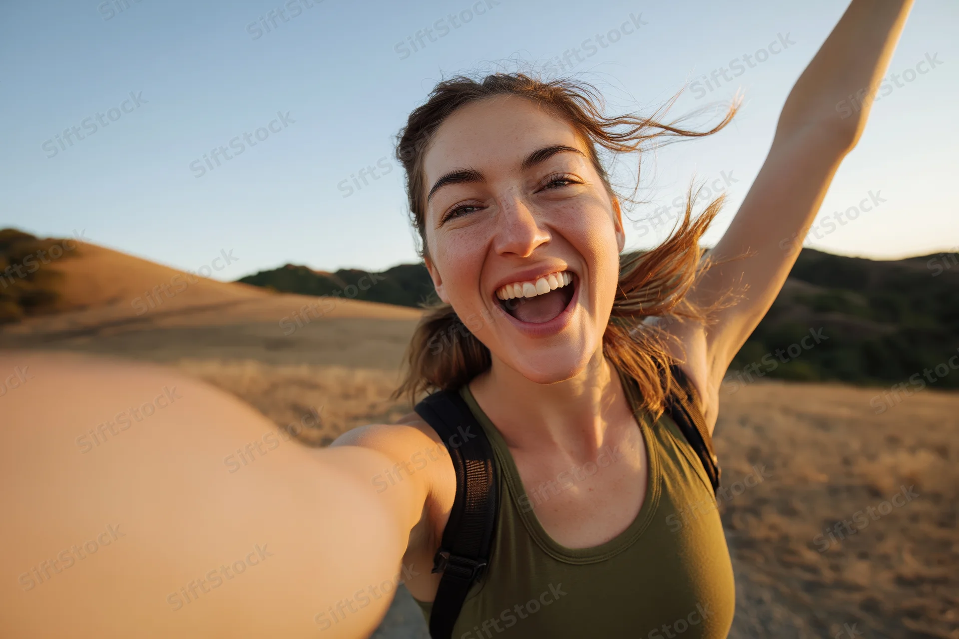 Young woman taking a selfie while hiking in a desert landscape with windblown hair and a wide smile