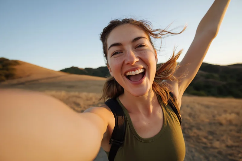 Young woman taking a selfie while hiking in a desert landscape with windblown hair and a wide smile