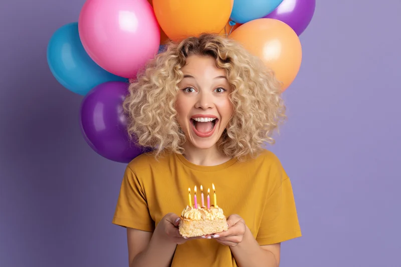 Young woman with curly blonde hair holding a slice of birthday cake with candles, surrounded by colorful balloons against a purple background