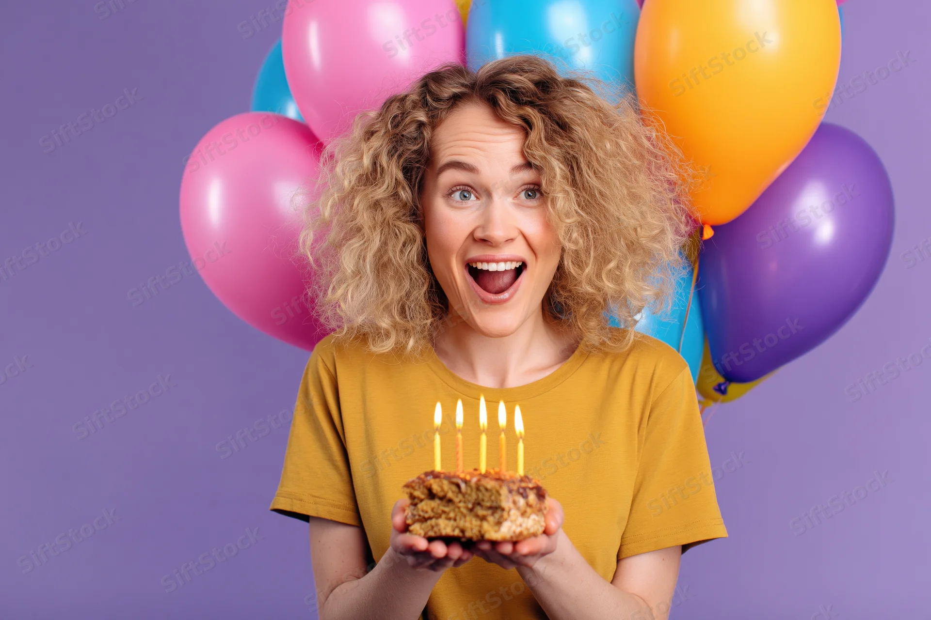 Young woman with curly blonde hair holding a slice of birthday cake with lit candles, surrounded by colorful balloons against a purple background