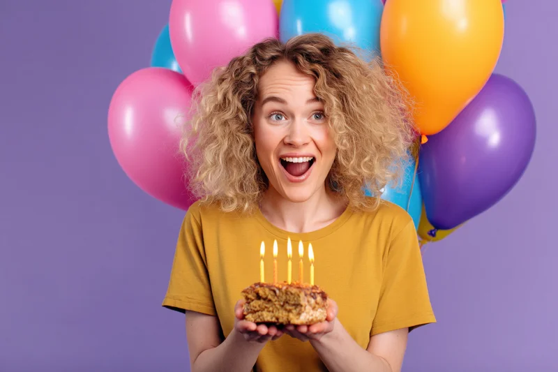 Young woman with curly blonde hair holding a slice of birthday cake with lit candles, surrounded by colorful balloons against a purple background