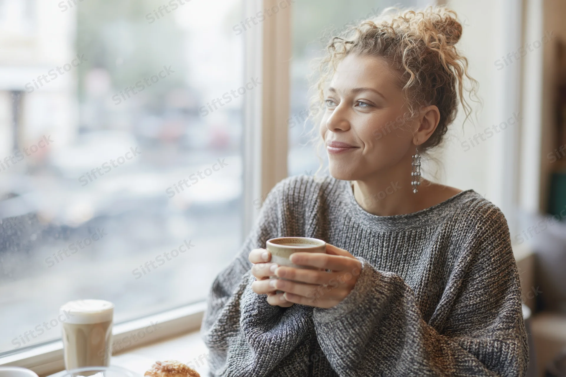 Woman smiling while holding coffee cup at cafe window