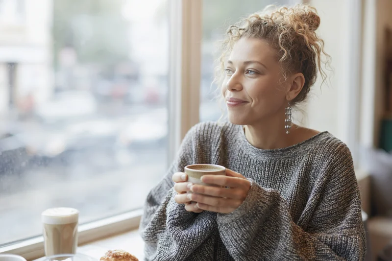 Woman Savoring Coffee by a Bright Window in a Cozy Caf