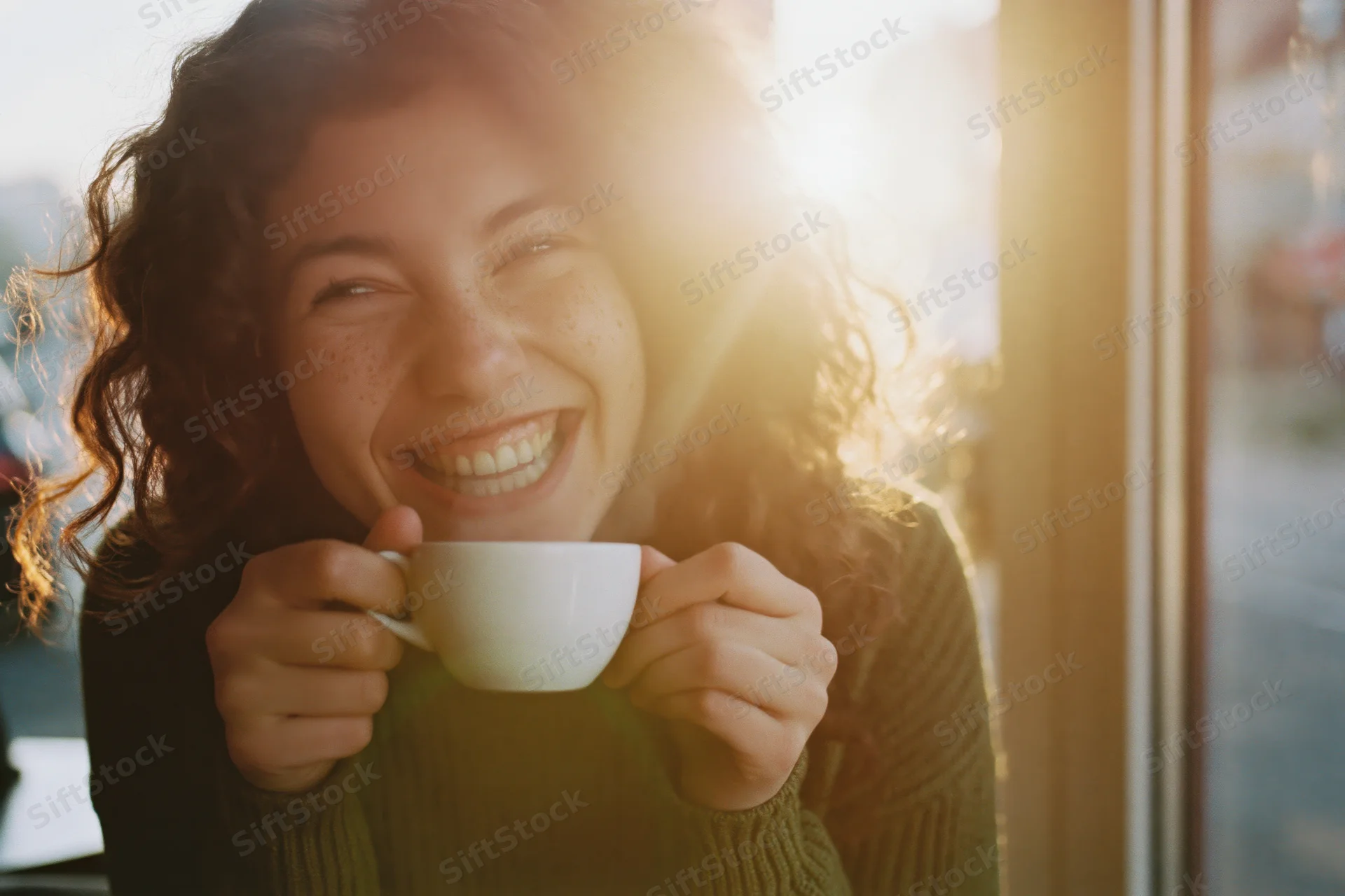 Woman laughing while holding a white coffee cup near a window in morning sunlight