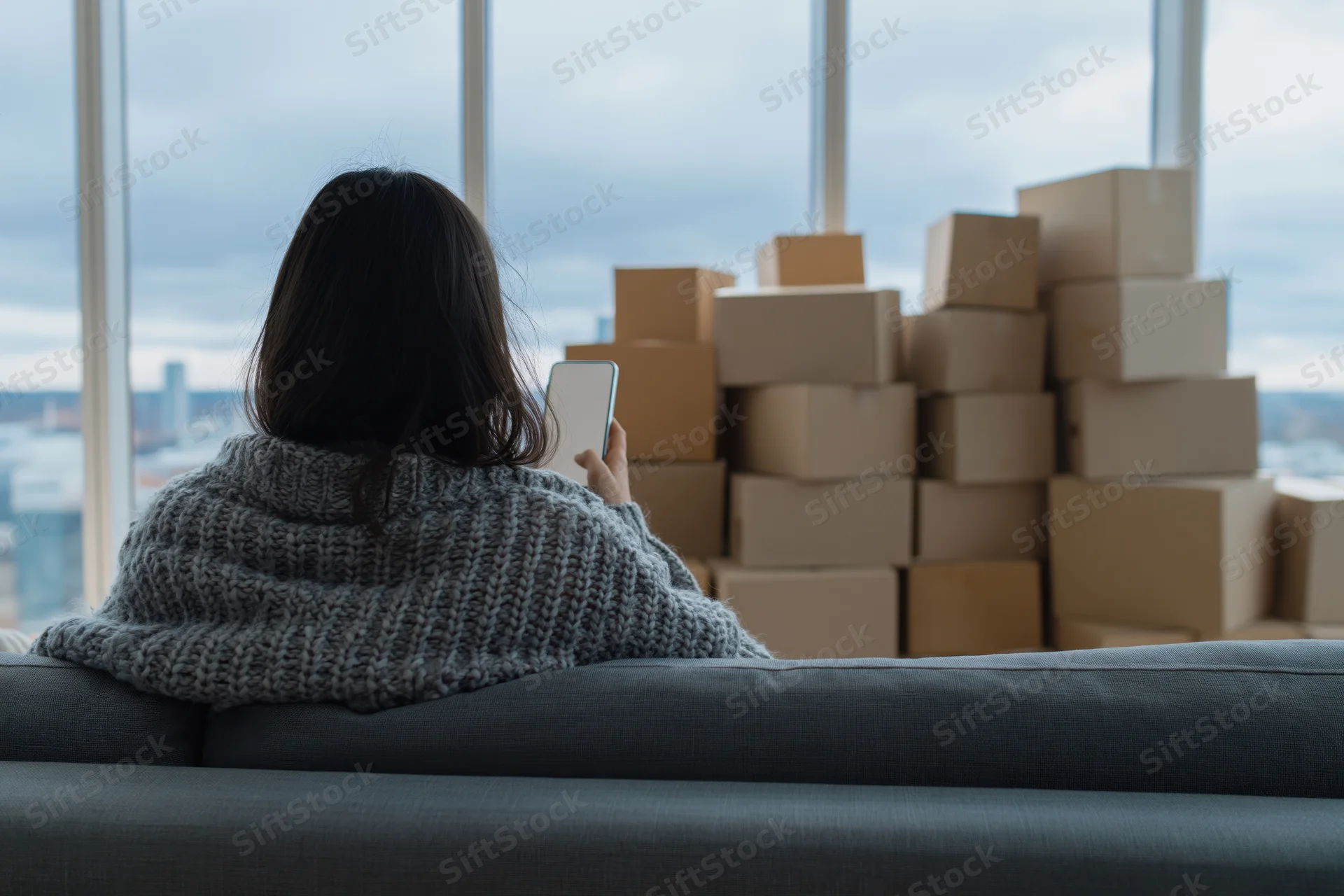 Woman sitting on couch using smartphone with stacks of boxes behind her near window overlooking city