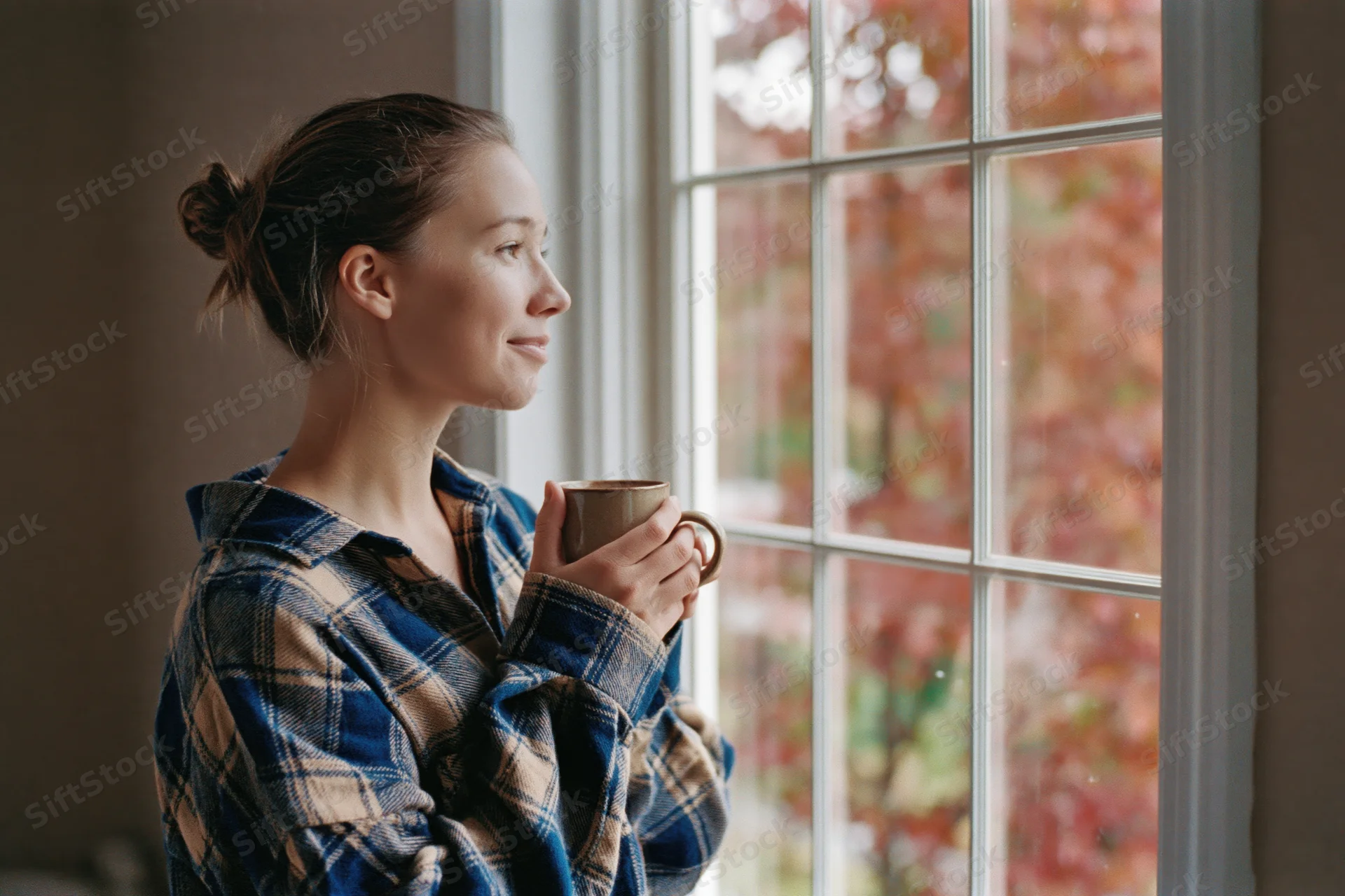 Woman holding coffee mug while gazing out window at autumn foliage