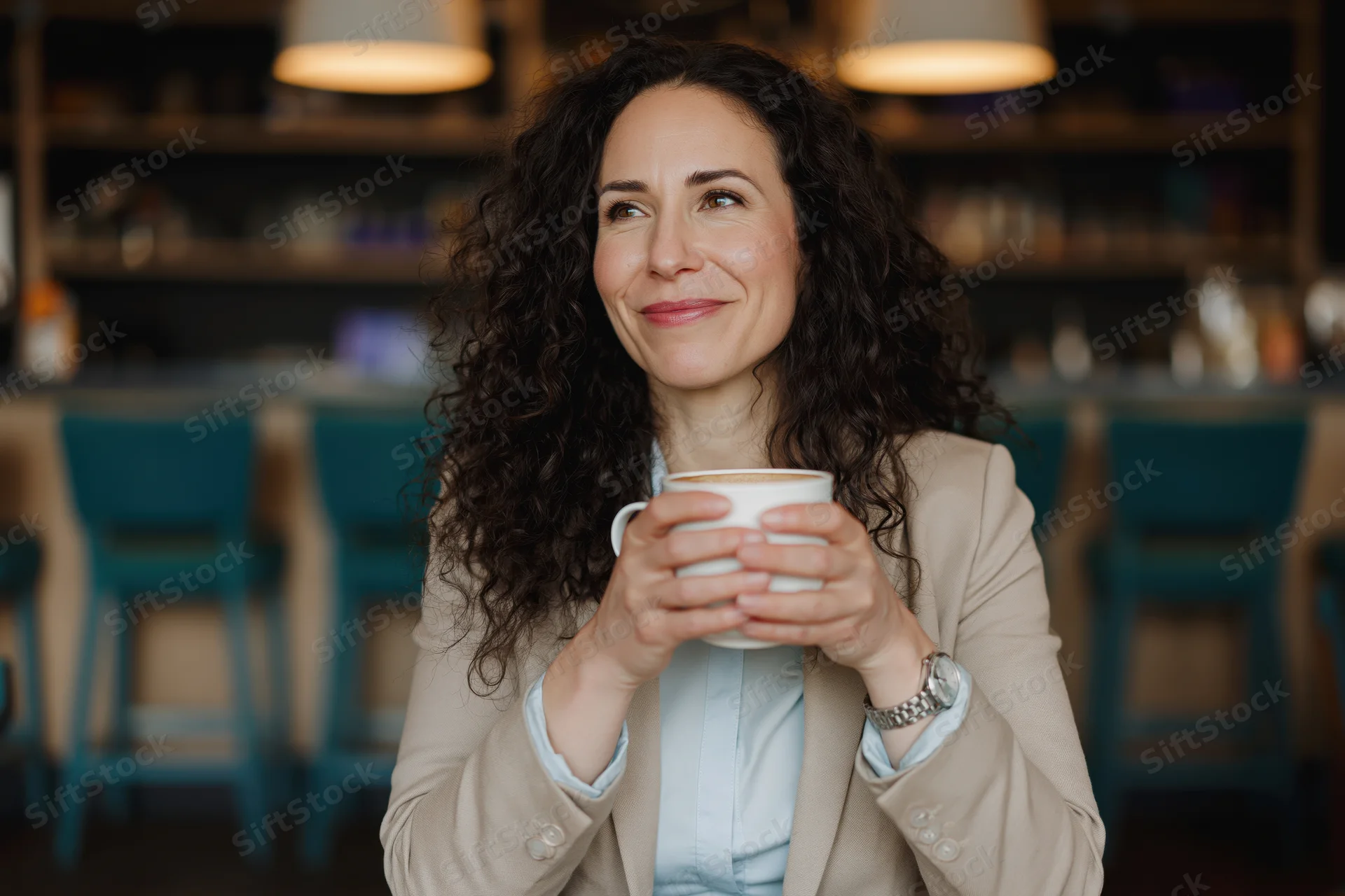 Woman holding a white coffee cup smiling in a cafe interior