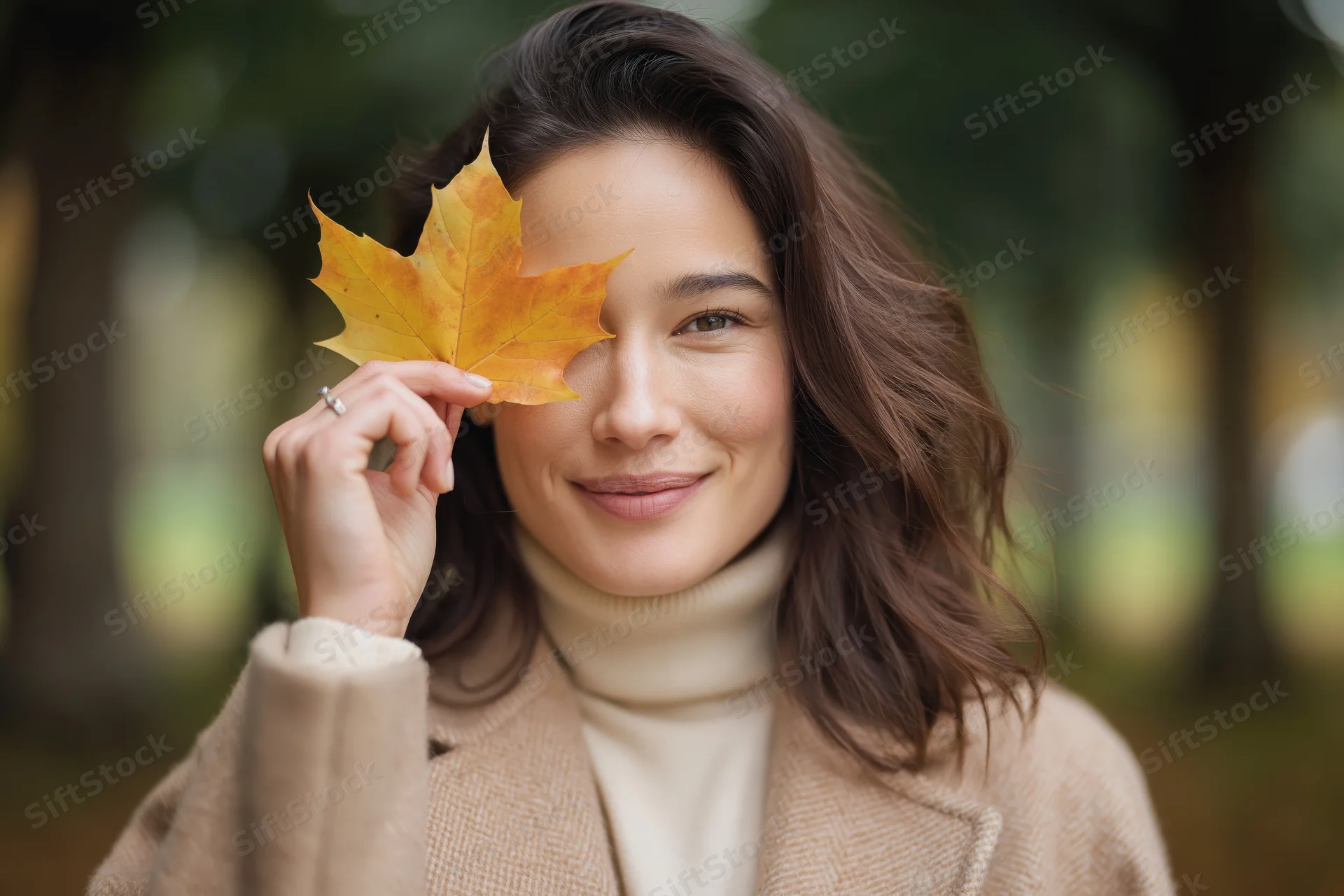 Woman holding maple leaf over eye in autumn park