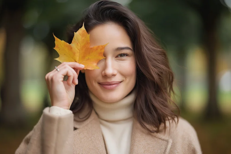 Woman holding maple leaf over eye in autumn park