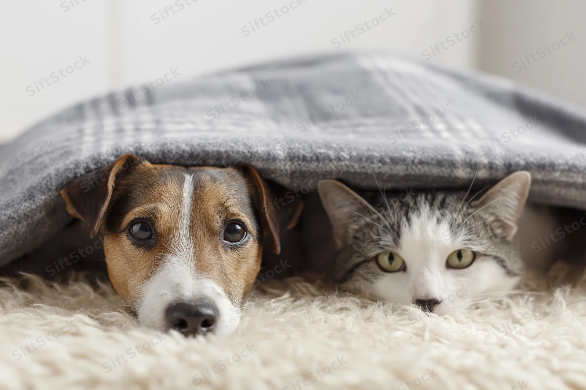 Dog and cat peeking from under a blanket on a fluffy rug