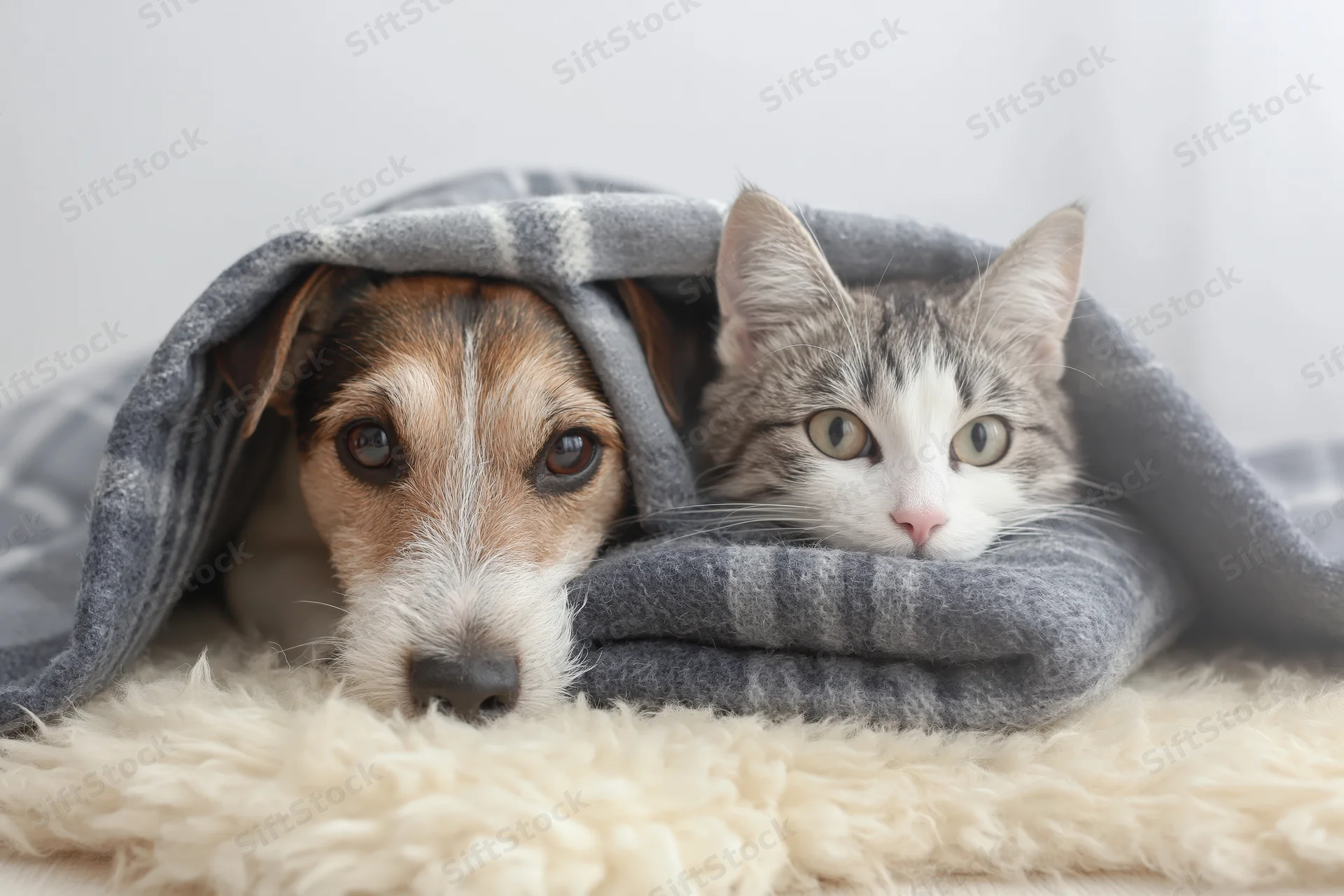Dog and cat huddled under a gray blanket on a fluffy rug