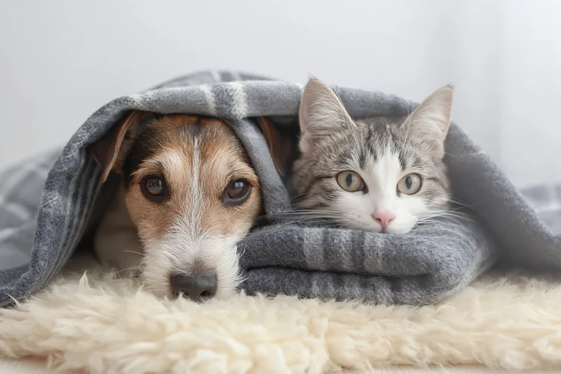 Dog and cat huddled under a gray blanket on a fluffy rug