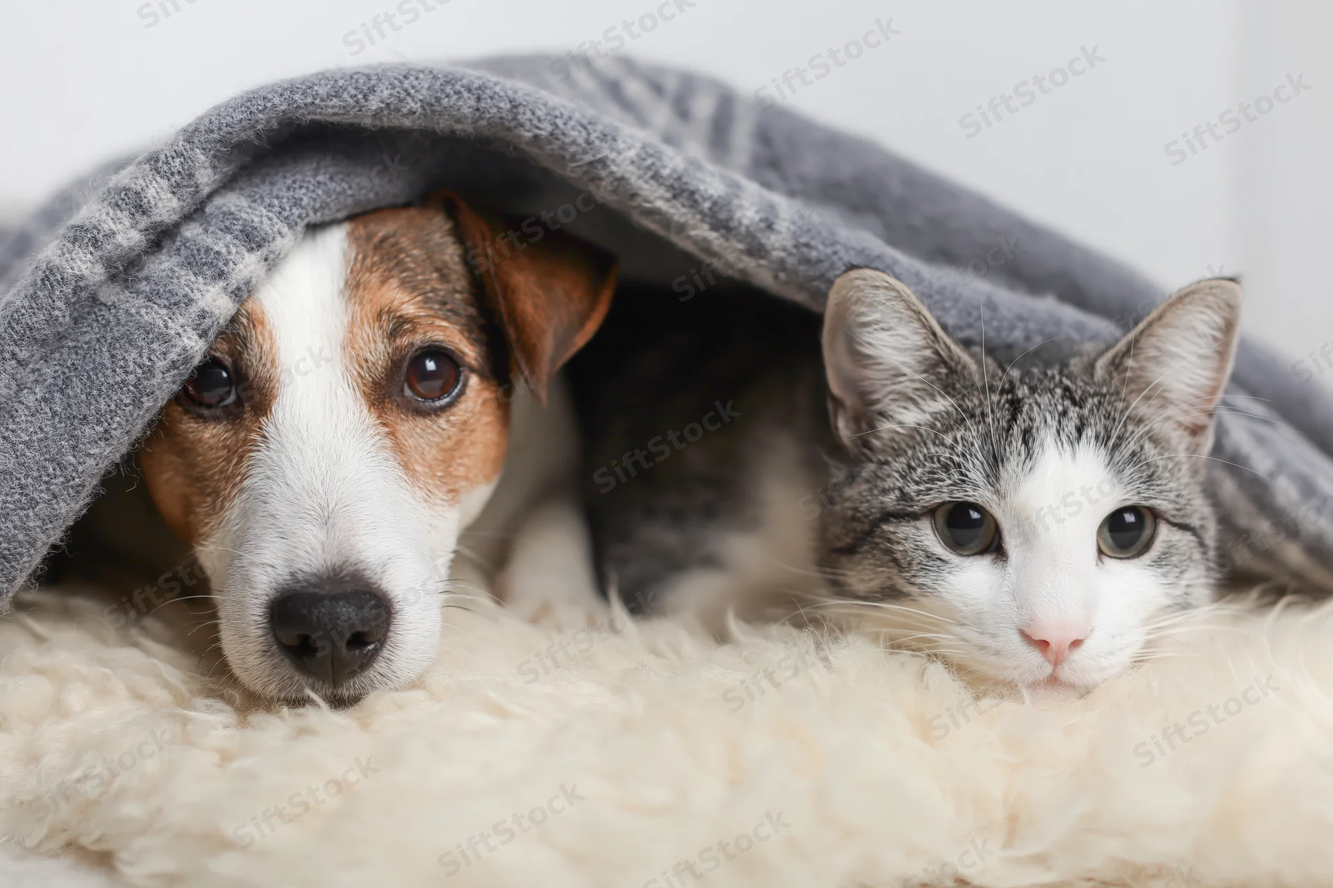 Jack russell terrier and tabby cat huddled under gray blanket on soft white bedding