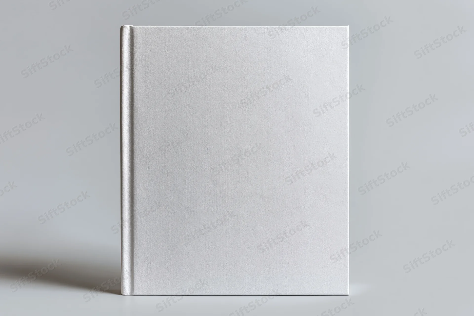 Blank white hardcover book standing upright on a gray surface