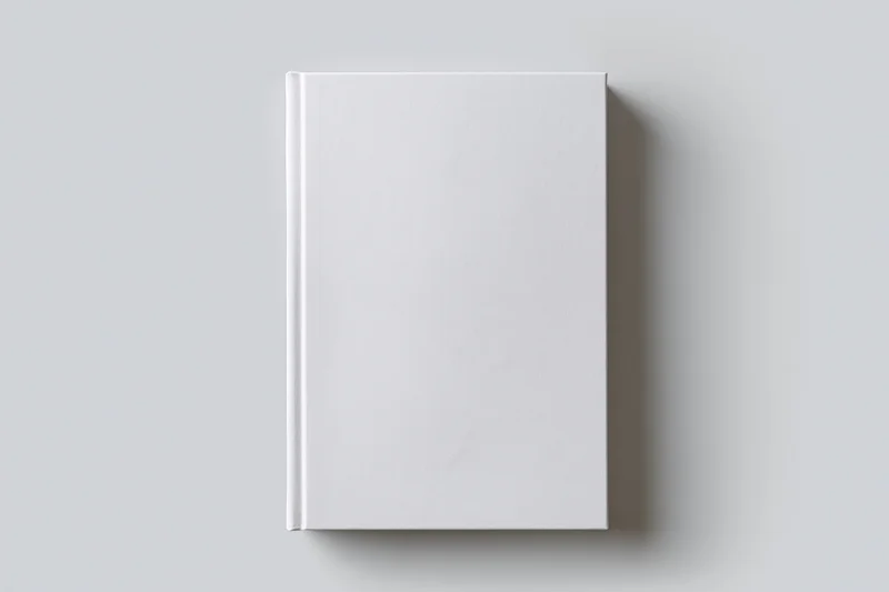 Blank white hardcover book standing upright on plain surface