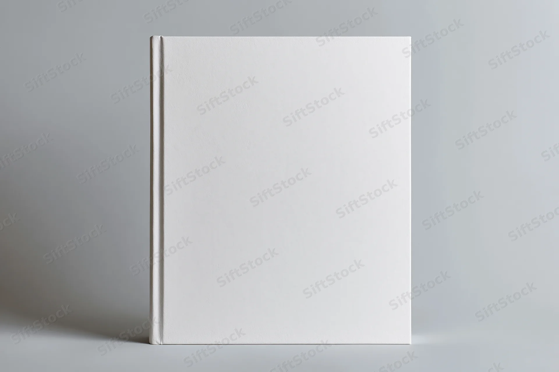Blank white hardcover book standing upright on a neutral gray surface