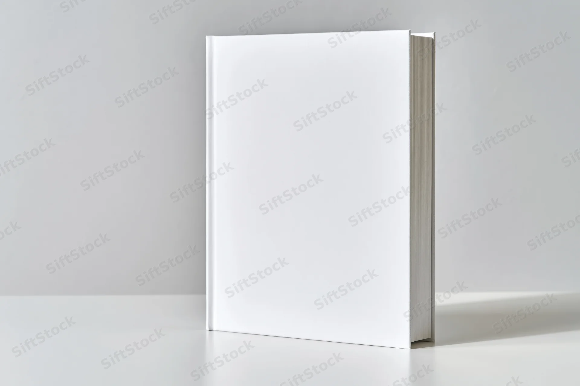 Blank white hardcover book standing upright on a white surface