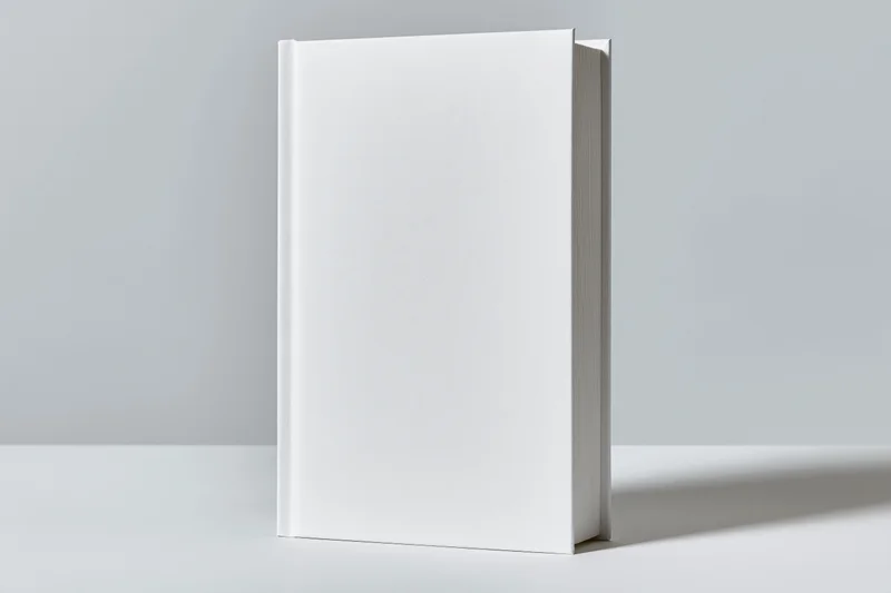 Blank white hardcover book standing upright on a white surface in a studio setting