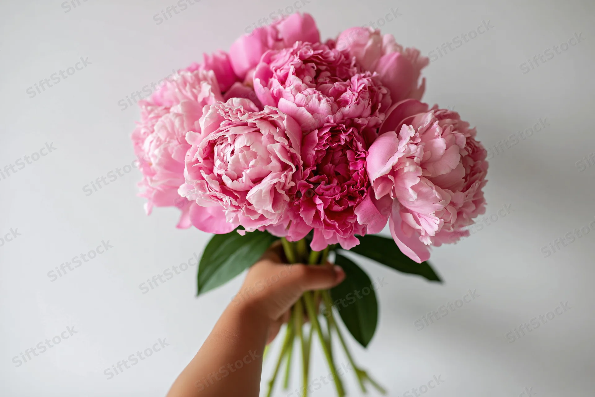 Child's hand holding a bouquet of pink peonies against a white background