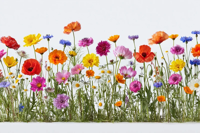A dense row of mixed wildflowers including poppies, cornflowers and daisies against a white background
