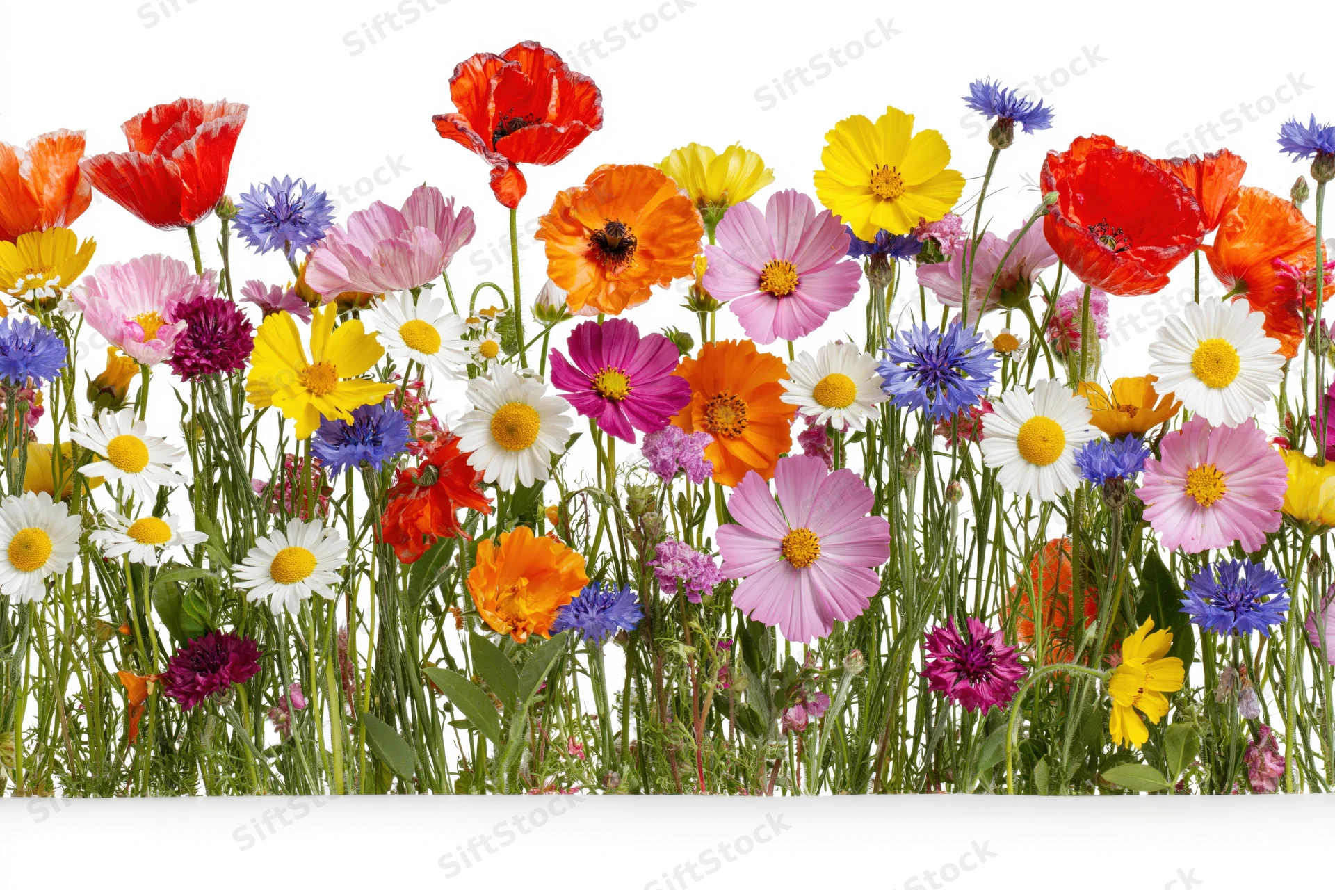 A dense row of mixed wildflowers including poppies, cornflowers and daisies against a white background