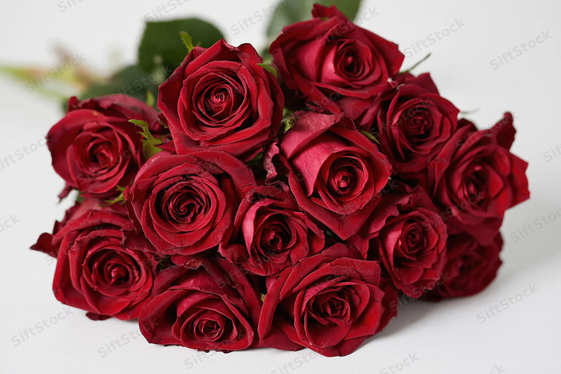 A loose bouquet of deep red roses arranged on a white surface