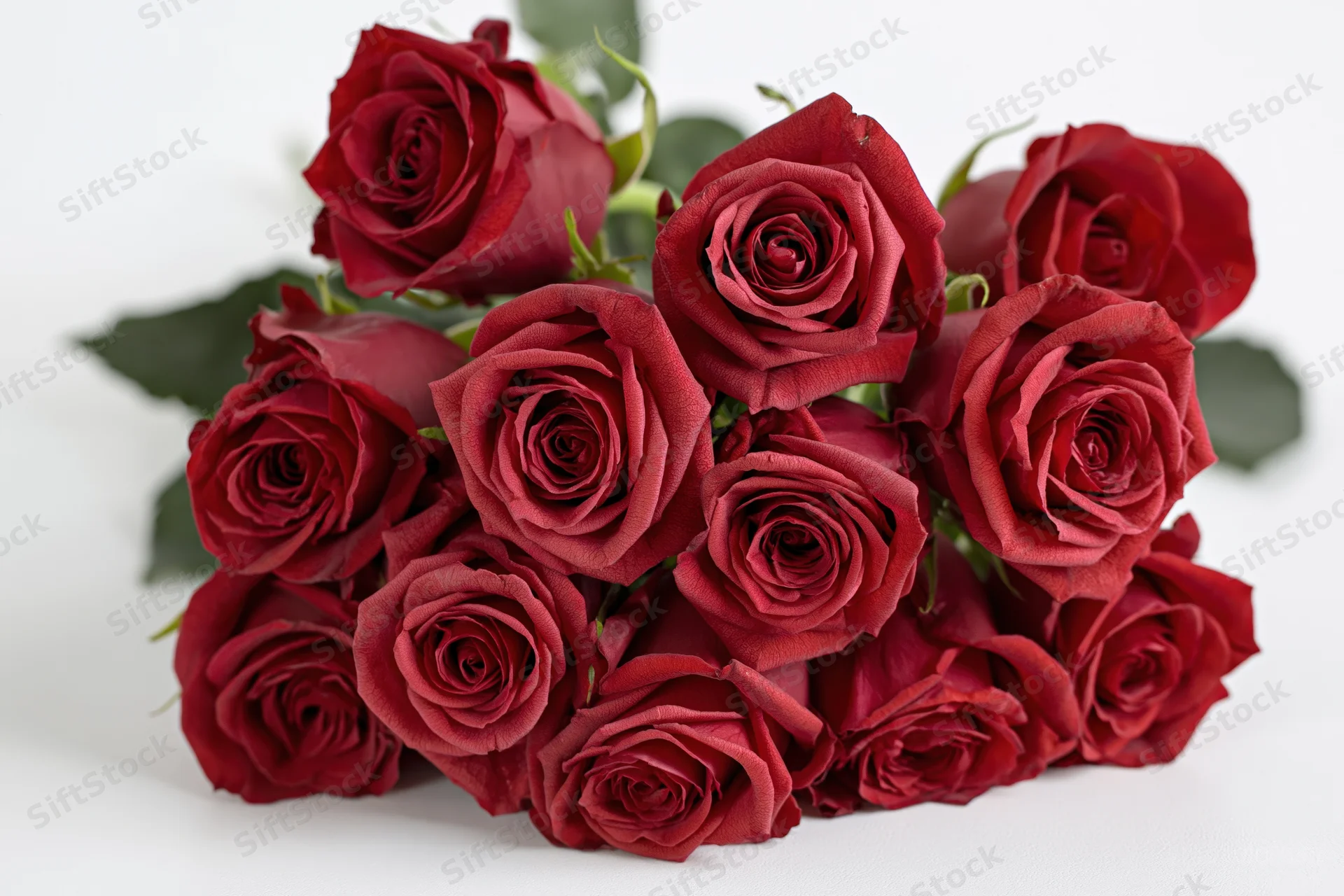 A loose bouquet of deep red roses arranged on a white surface