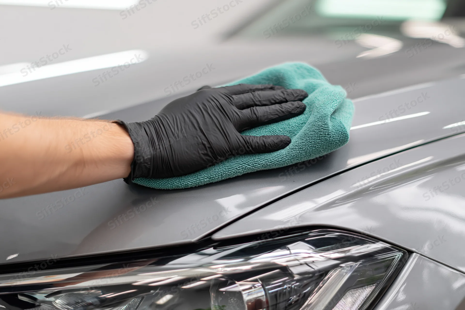 Hand in black glove polishing gray car hood with teal microfiber towel in workshop
