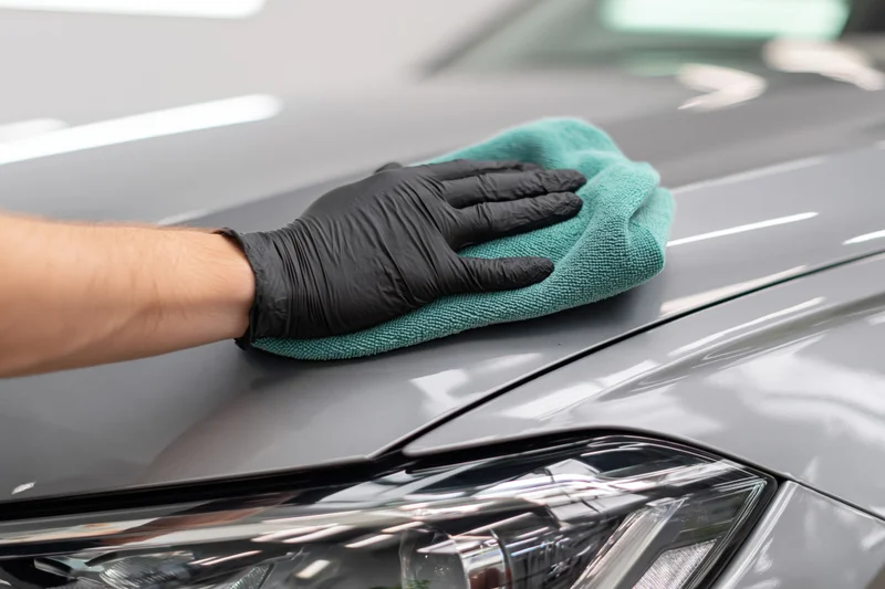 Hand in black glove polishing gray car hood with teal microfiber towel in workshop