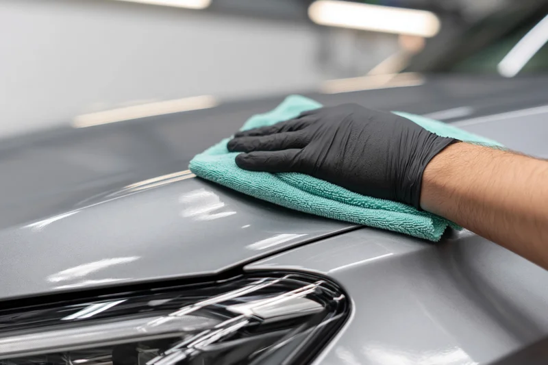 Hand in black glove polishing grey car hood with teal microfiber towel in workshop