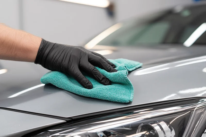 Gloved hand polishing gray car hood with teal microfiber cloth in workshop