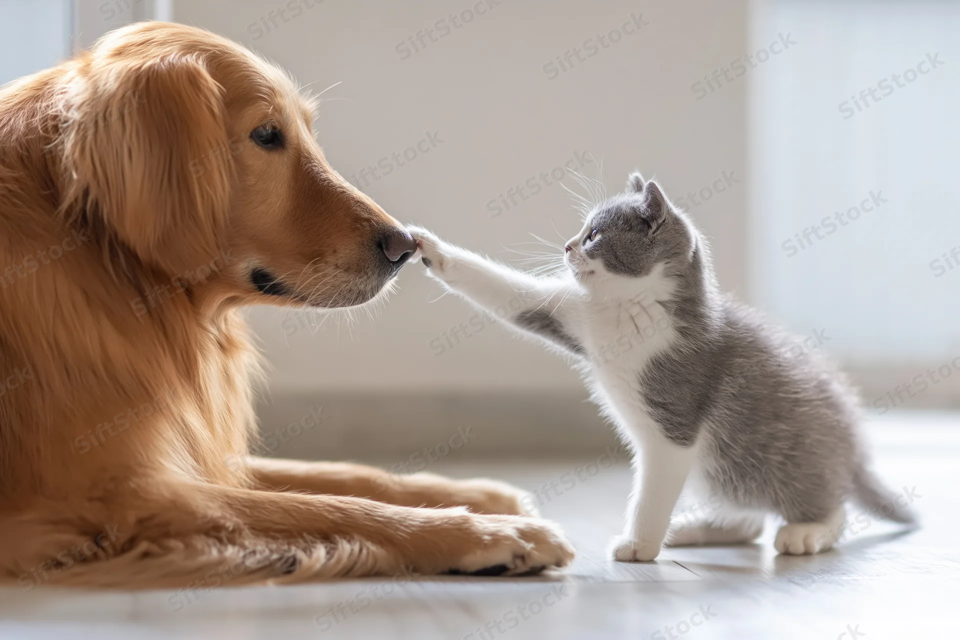 Golden retriever lying on wood floor while gray and white kitten touches its nose with paw