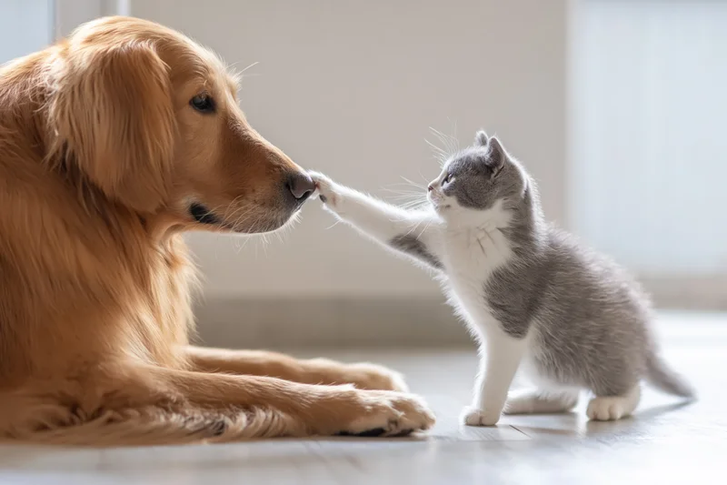 Golden retriever lying on wood floor while gray and white kitten touches its nose with paw
