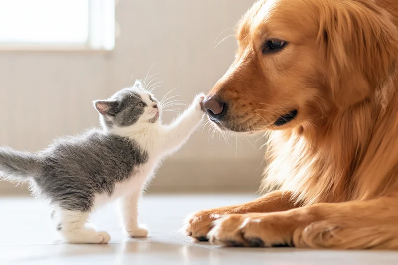 Golden retriever lying on light wood floor while small kitten reaches paw toward its nose
