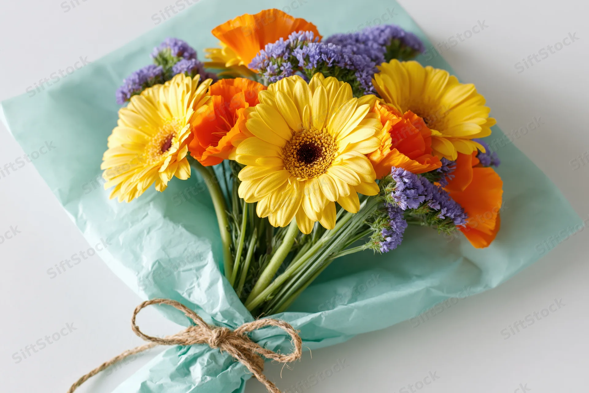 Hand-tied bouquet of yellow gerbera daisies, orange and purple flowers wrapped in teal paper with twine bow on white surface