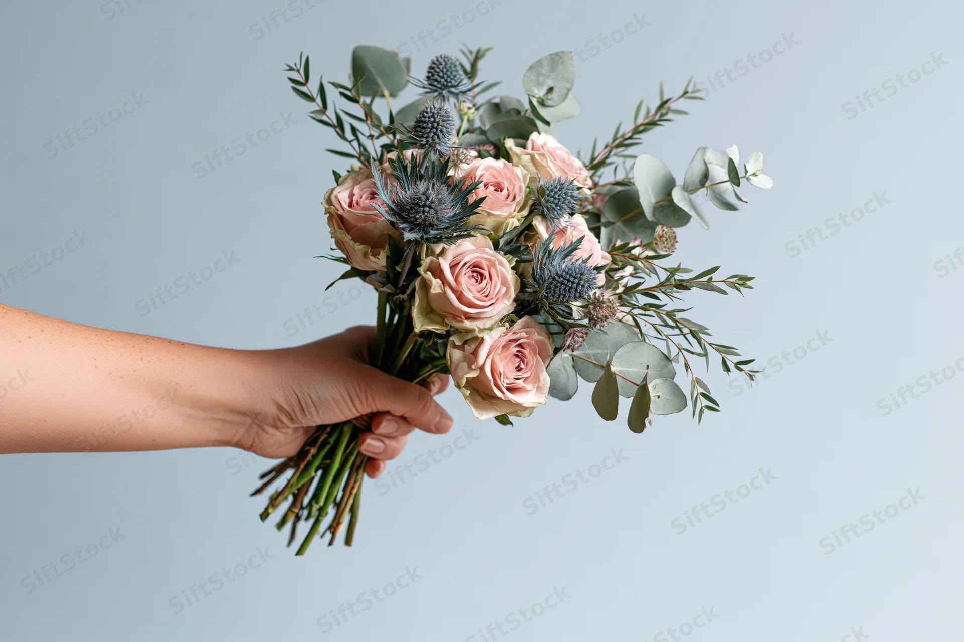 Hand holding a bouquet of pink roses and blue thistle with eucalyptus foliage against a light blue background