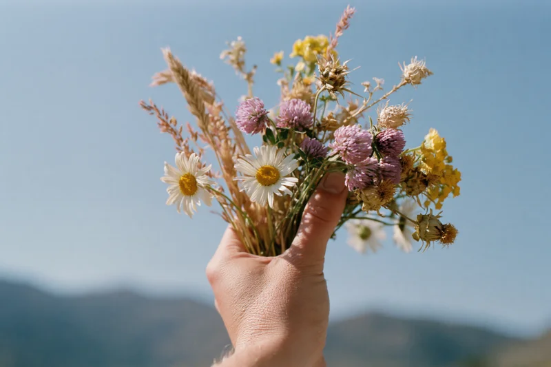 Hand holding a loose bunch of wild foraged flowers against a mountain sky