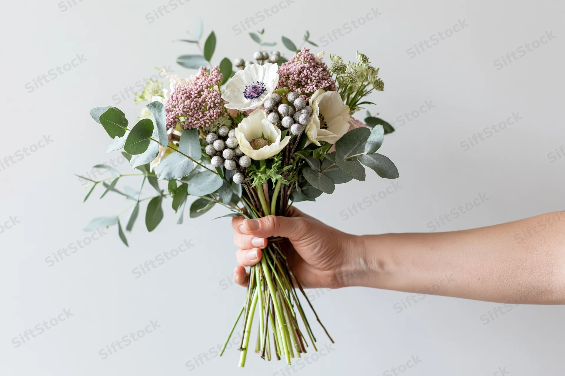 Hand holding a mixed floral bouquet with white anemones and eucalyptus against a light background