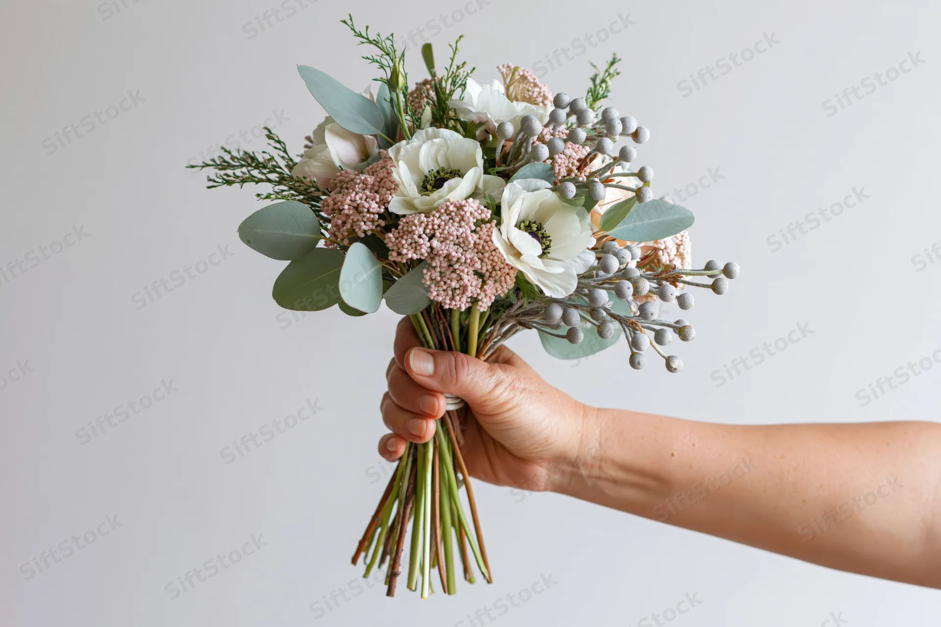 Hand holding a mixed bouquet of white anemones, pink astilbe, eucalyptus and greenery against a plain background