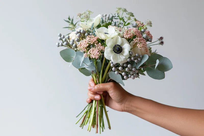 Hand holding a mixed bouquet of white anemones, pink ranunculus, and eucalyptus against a plain background