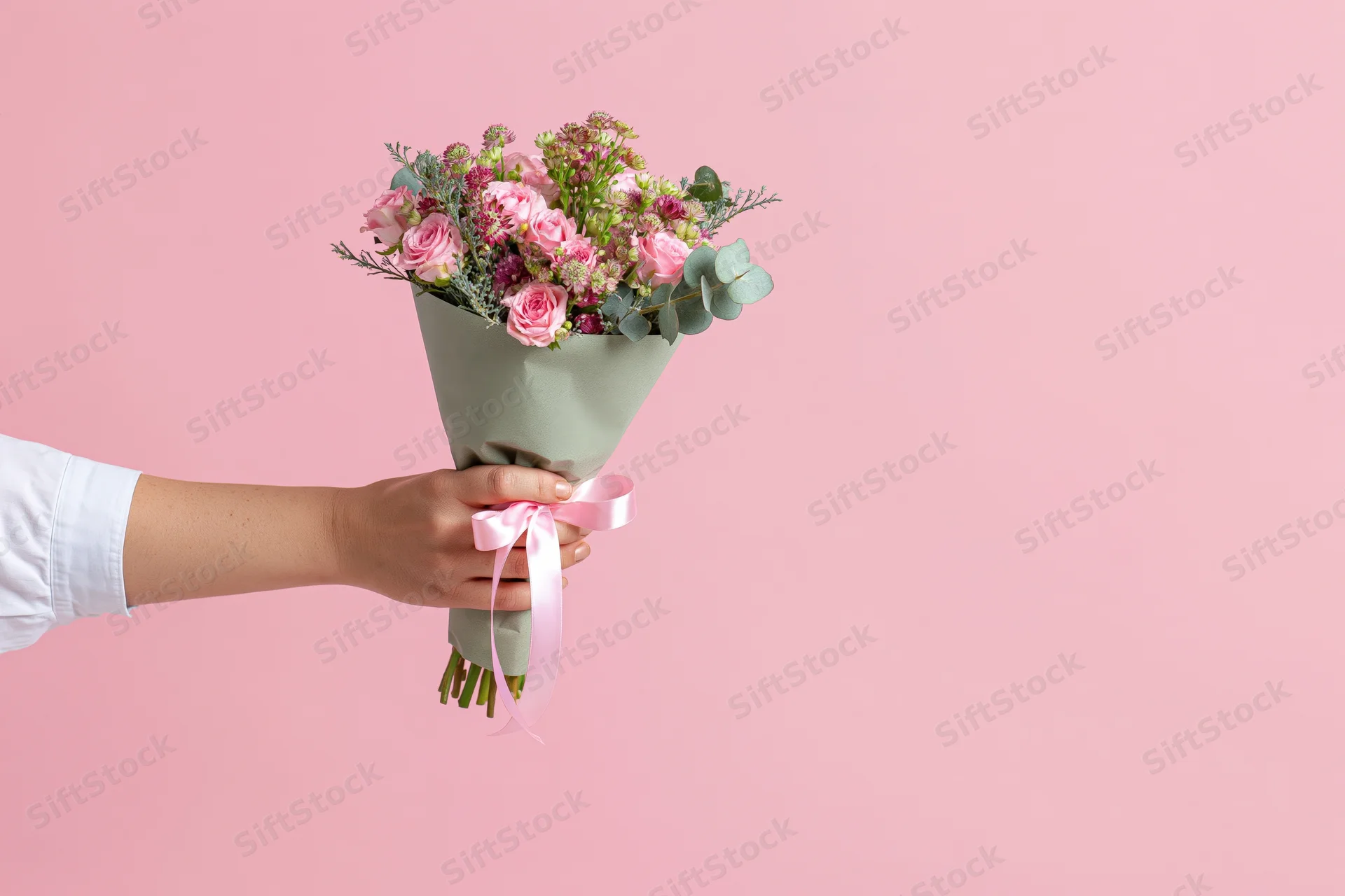 Hand holding a wrapped bouquet of pink roses and greenery against a pink background